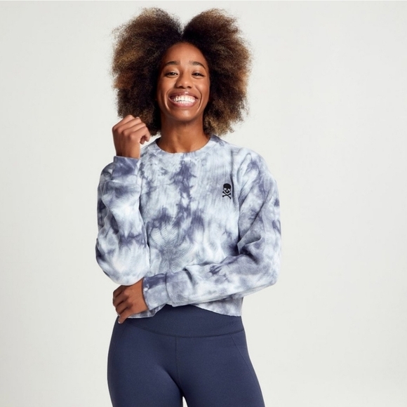 SoulCycle Julia Long Sleeve Cropped Waffle Thermal Top Tie Dye Large Blue Grey - Picture 1 of 13